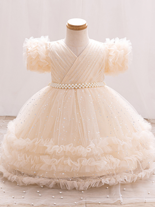 Детска рокля за принцеси с мъниста и пайети, пухкава, плисиран плат, памучно‑смесен плат с памучна подплата, за деца на възраст 3–8 години