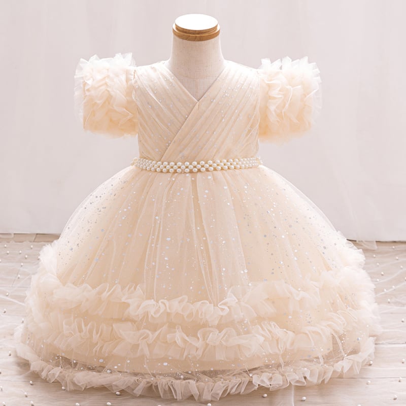 Детска рокля за принцеси с мъниста и пайети, пухкава, плисиран плат, памучно‑смесен плат с памучна подплата, за деца на възраст 3–8 години