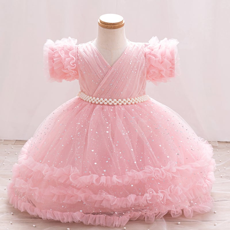 Детска рокля за принцеси с мъниста и пайети, пухкава, плисиран плат, памучно‑смесен плат с памучна подплата, за деца на възраст 3–8 години