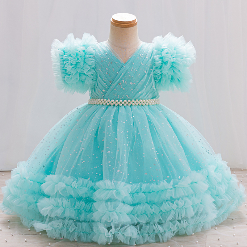 Детска рокля за принцеси с мъниста и пайети, пухкава, плисиран плат, памучно‑смесен плат с памучна подплата, за деца на възраст 3–8 години