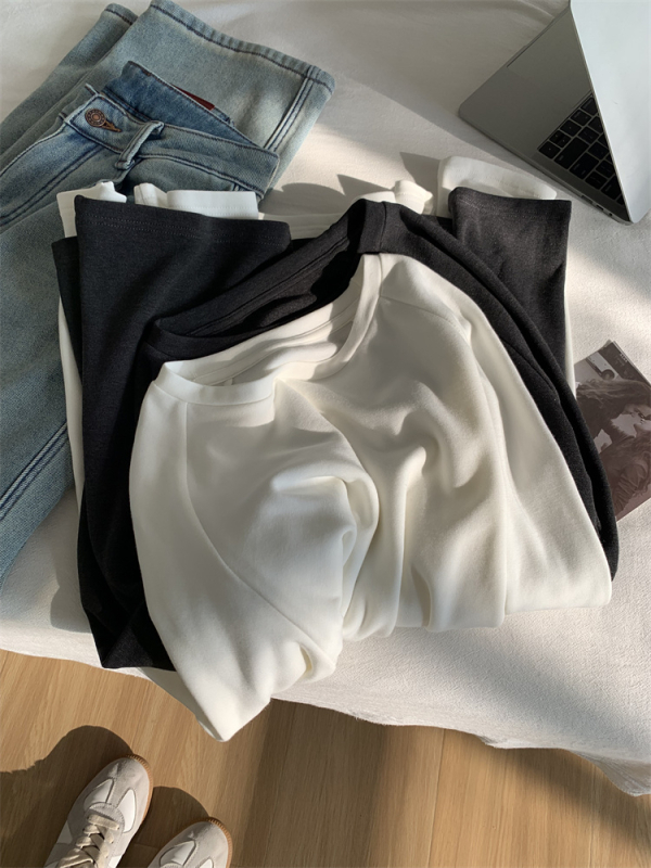 Ženski T-shirt širokog kroja s flisom, jednostavne boje, dugi Raglan rukav, zimski osnovni sloj