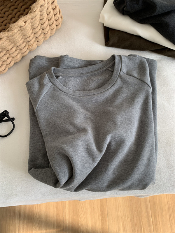 Ženski T-shirt širokog kroja s flisom, jednostavne boje, dugi Raglan rukav, zimski osnovni sloj