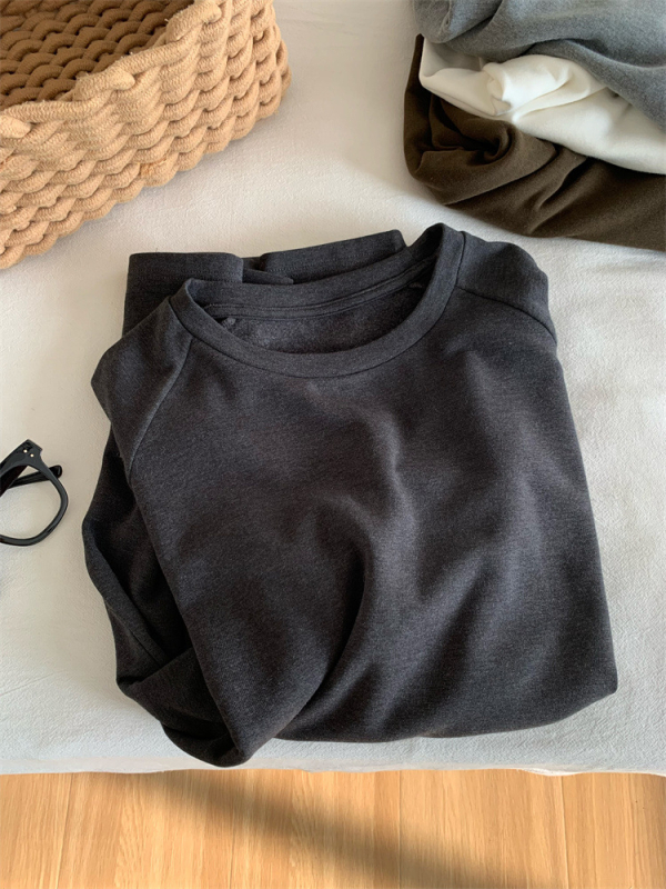 Ženski T-shirt širokog kroja s flisom, jednostavne boje, dugi Raglan rukav, zimski osnovni sloj