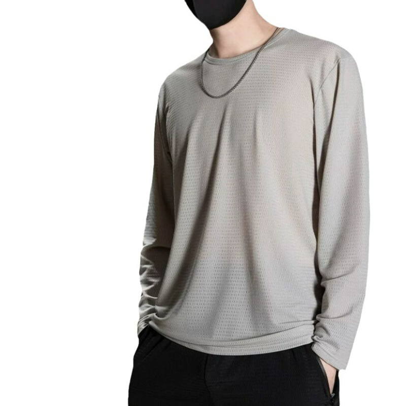 Vyrų ilgos rankovės marškinėliai - lengvas poliesterio audinys, apvali kaklo linija, laisvas kirpimas, vasaros pagrindinis sluoksnis
