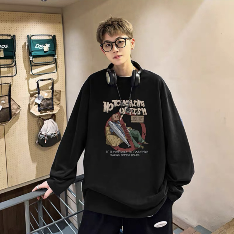 Vyriski ilgomis rankovėmis marškinėliai su grafine spauda, laisvas kirpimas, poliesterio audinys