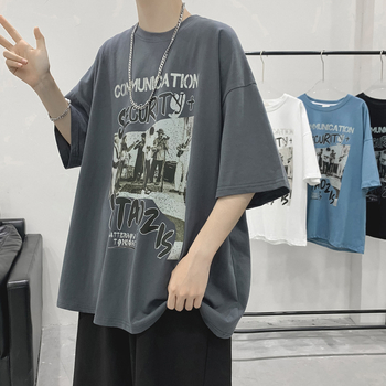 Vyrų trumpom rankovėm marškinėliai, laisvas kirpimas, poliesteris, raidžių spausdinimas, apvali kaklo linija