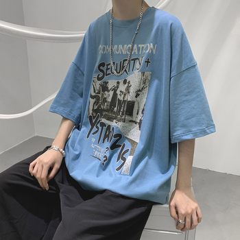 Vyrų trumpom rankovėm marškinėliai, laisvas kirpimas, poliesteris, raidžių spausdinimas, apvali kaklo linija