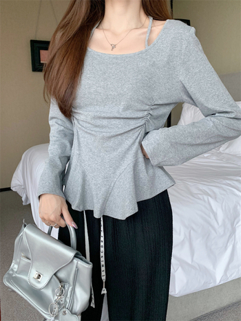 Pamut-elasztán keverék hosszú ujjú felső kerek nyakkal, egyszínű, kollázs/összevágott dizájn, laza japán-koreai stílus.