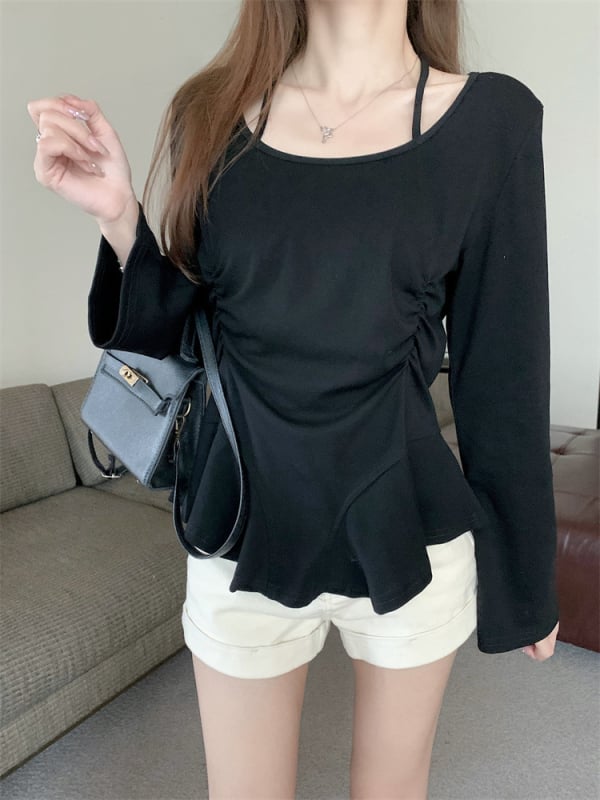 Pamut-elasztán keverék hosszú ujjú felső kerek nyakkal, egyszínű, kollázs/összevágott dizájn, laza japán-koreai stílus.