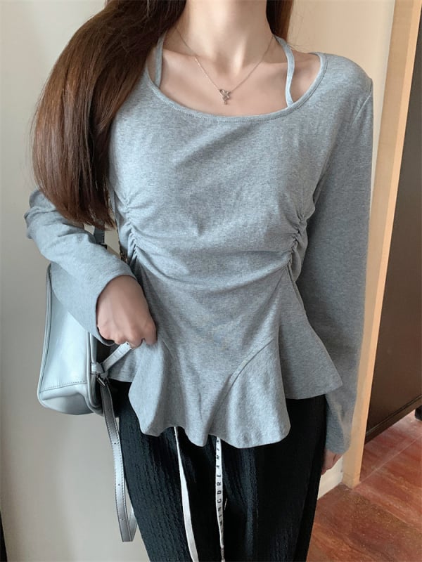 Pamut-elasztán keverék hosszú ujjú felső kerek nyakkal, egyszínű, kollázs/összevágott dizájn, laza japán-koreai stílus.