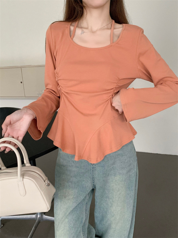 Pamut-elasztán keverék hosszú ujjú felső kerek nyakkal, egyszínű, kollázs/összevágott dizájn, laza japán-koreai stílus.