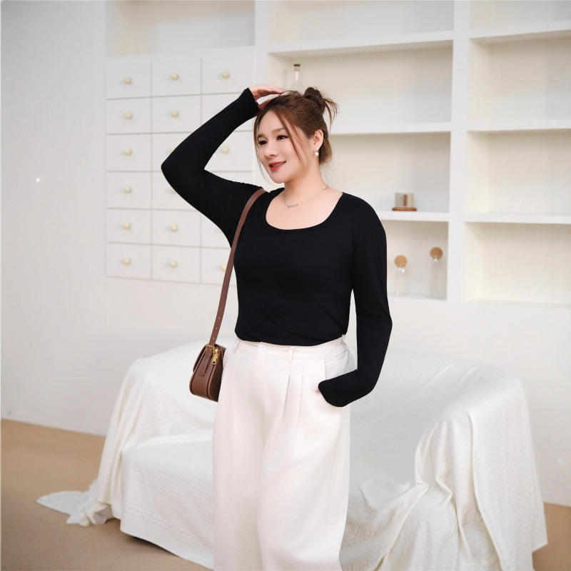 Ženski modalni top s dugim rukavima, kvadratni ovratnik, široki kroj, korejsko-japanski opušten stil