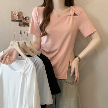 Női poliészter rövid ujjú póló kollázs részlettel, kerek nyakú, karcsú szabás, 2025 tavasz