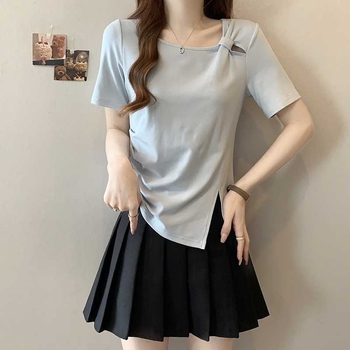 Női poliészter rövid ujjú póló kollázs részlettel, kerek nyakú, karcsú szabás, 2025 tavasz