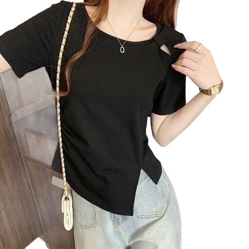 Női poliészter rövid ujjú póló kollázs részlettel, kerek nyakú, karcsú szabás, 2025 tavasz