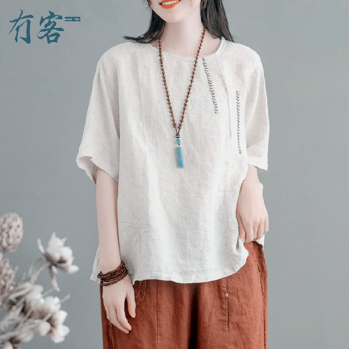 Vezeni T-majica od pamuka i lana, okrugli izrez, kratki rukavi, udoban kroj, jednobojna boja, Ljeto 2024