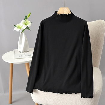 Szabadon laza pamut felső álló gallérral, hosszú ujjú és fodros szegéllyel, őszi-téli viseléshez