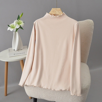 Szabadon laza pamut felső álló gallérral, hosszú ujjú és fodros szegéllyel, őszi-téli viseléshez