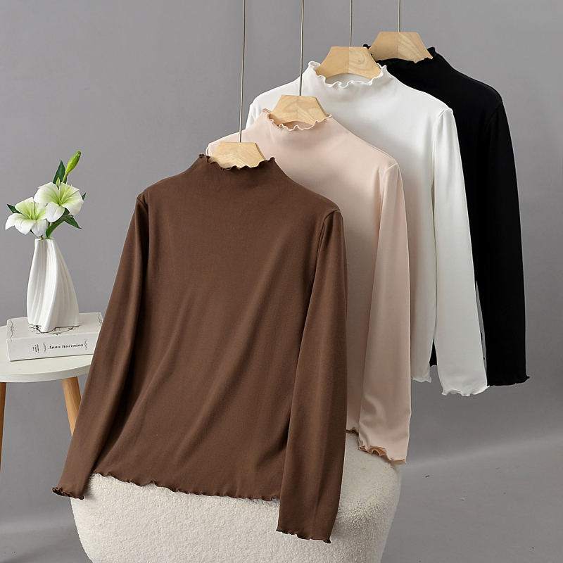 Szabadon laza pamut felső álló gallérral, hosszú ujjú és fodros szegéllyel, őszi-téli viseléshez