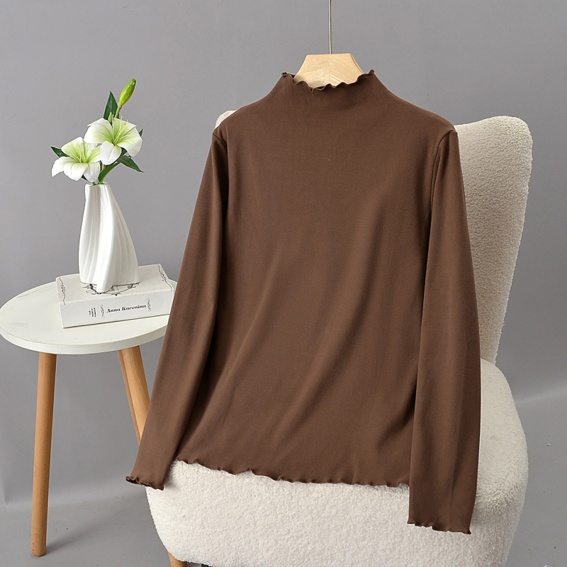 Szabadon laza pamut felső álló gallérral, hosszú ujjú és fodros szegéllyel, őszi-téli viseléshez