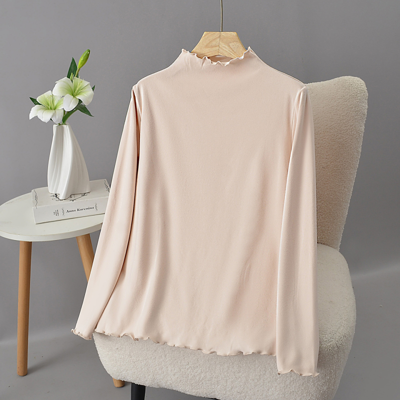 Szabadon laza pamut felső álló gallérral, hosszú ujjú és fodros szegéllyel, őszi-téli viseléshez