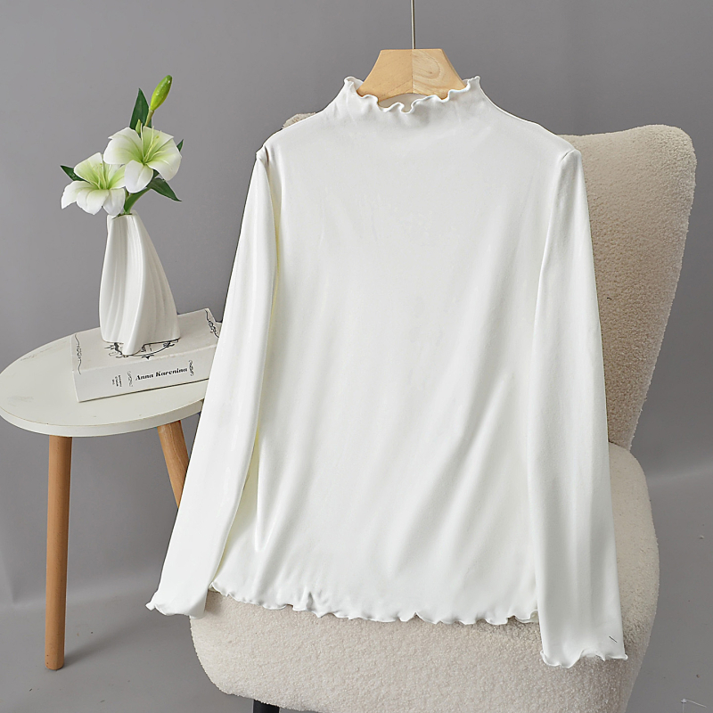 Szabadon laza pamut felső álló gallérral, hosszú ujjú és fodros szegéllyel, őszi-téli viseléshez