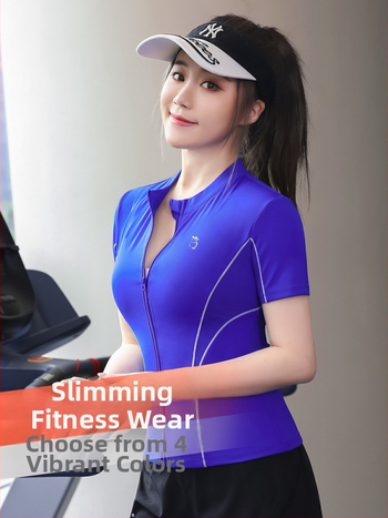 Sieviešu īss piedurknu sporta tops ar rāvējslēdzēju — ātri žūstošs poliesters ar elastānu, slaids piegriezums, piemērots jogai un skriešanai