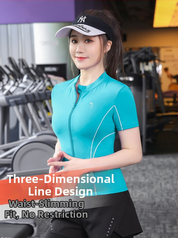 Sieviešu īss piedurknu sporta tops ar rāvējslēdzēju — ātri žūstošs poliesters ar elastānu, slaids piegriezums, piemērots jogai un skriešanai