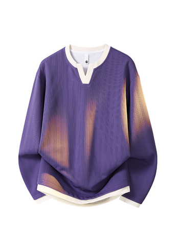 Meeste vaba lõikega pikkade varrukatega T-särk V-kaelusega, värvikombinatsiooni muster, polüesteri segu.