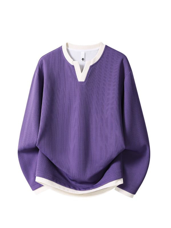 Meeste vaba lõikega pikkade varrukatega T-särk V-kaelusega, värvikombinatsiooni muster, polüesteri segu.