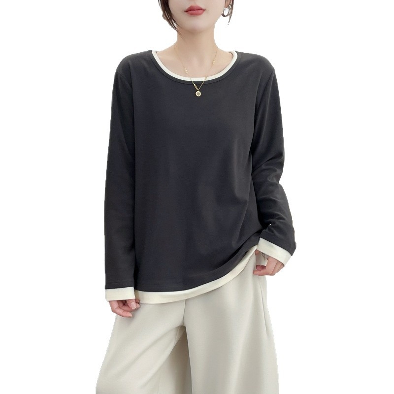 Koreai stílusú lazán szabott hosszú ujjú felső, kontrasztos panelek varrással, poliészter anyag, őszi kollekció 2025, hossz 50–65 cm