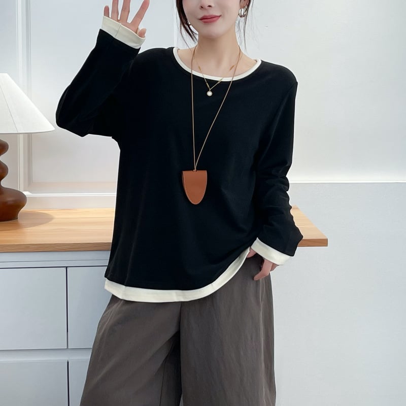 Koreai stílusú lazán szabott hosszú ujjú felső, kontrasztos panelek varrással, poliészter anyag, őszi kollekció 2025, hossz 50–65 cm
