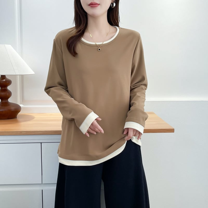 Koreai stílusú lazán szabott hosszú ujjú felső, kontrasztos panelek varrással, poliészter anyag, őszi kollekció 2025, hossz 50–65 cm