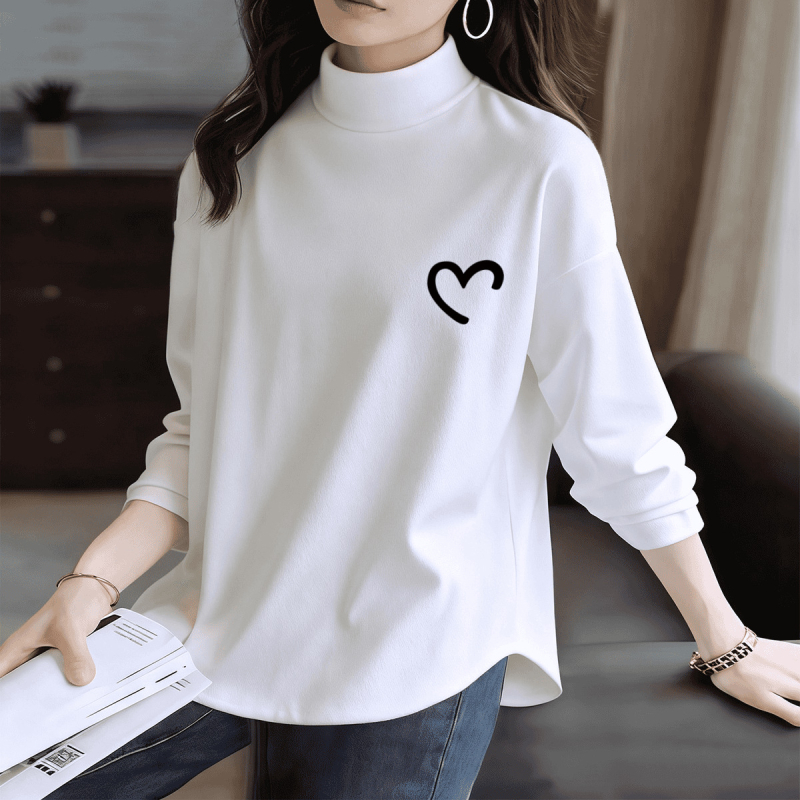 Ženski T-shirt s printom, mali turtleneck ovratnik, dugi rukavi, široki kroj, srednja duljina (65–80 cm)