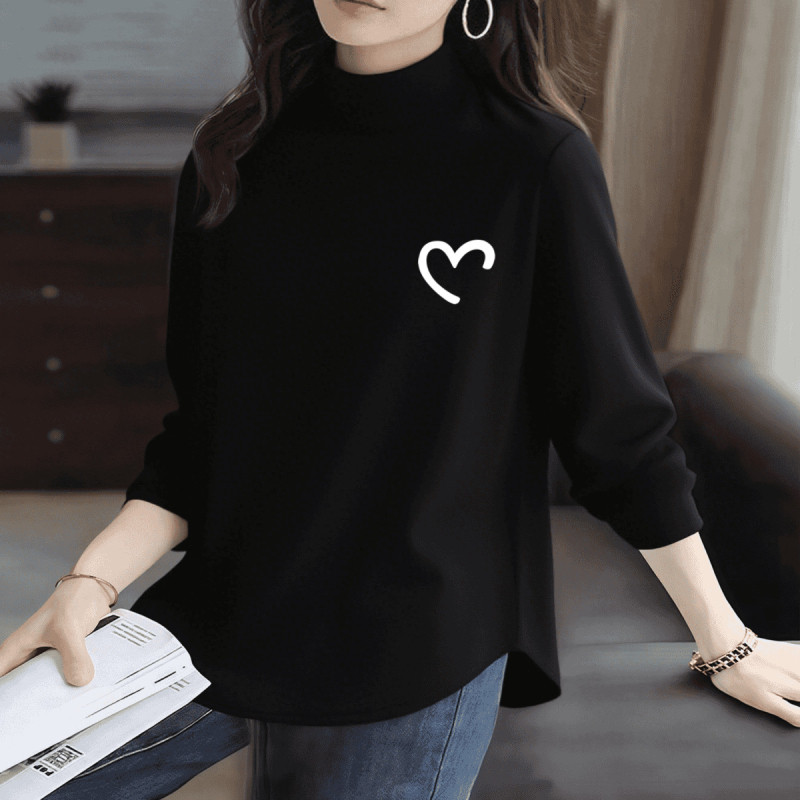 Ženski T-shirt s printom, mali turtleneck ovratnik, dugi rukavi, široki kroj, srednja duljina (65–80 cm)