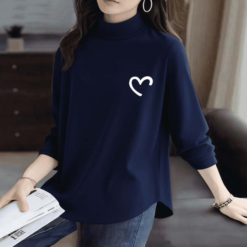 Ženski T-shirt s printom, mali turtleneck ovratnik, dugi rukavi, široki kroj, srednja duljina (65–80 cm)