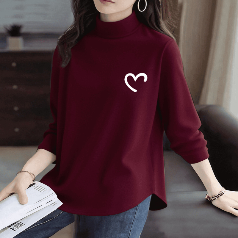 Ženski T-shirt s printom, mali turtleneck ovratnik, dugi rukavi, široki kroj, srednja duljina (65–80 cm)