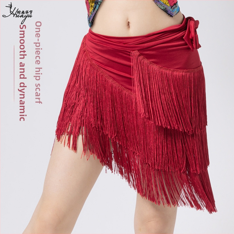 Fashion Huayu latinský tanečný tréning nepravidelná strapcová sukňa s jedným pásom, Milk Silk + tassel, hlavný materiál Nylon, scenický kostým pre ženy