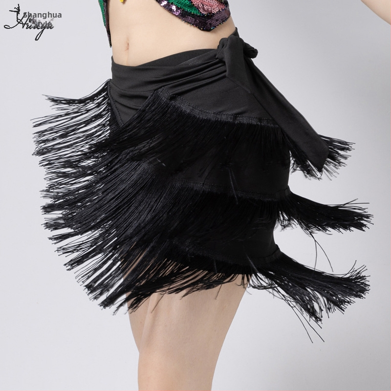 Fashion Huayu latinský tanečný tréning nepravidelná strapcová sukňa s jedným pásom, Milk Silk + tassel, hlavný materiál Nylon, scenický kostým pre ženy