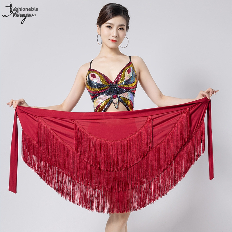 Fashion Huayu latinský tanečný tréning nepravidelná strapcová sukňa s jedným pásom, Milk Silk + tassel, hlavný materiál Nylon, scenický kostým pre ženy