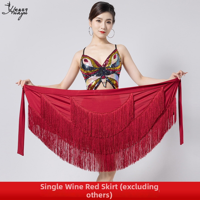 Fashion Huayu latinský tanečný tréning nepravidelná strapcová sukňa s jedným pásom, Milk Silk + tassel, hlavný materiál Nylon, scenický kostým pre ženy