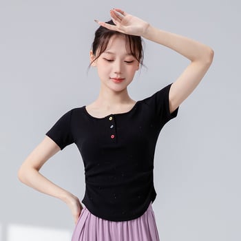 Πλεκτό τοπ χορού με κουμπιά – κοντό μανίκι, 90% βαμβάκι, stipple πλεκτό ύφασμα, για πιλάτες και χορό, ενήλικες γυναίκες, λατινικός και φολκ χορός