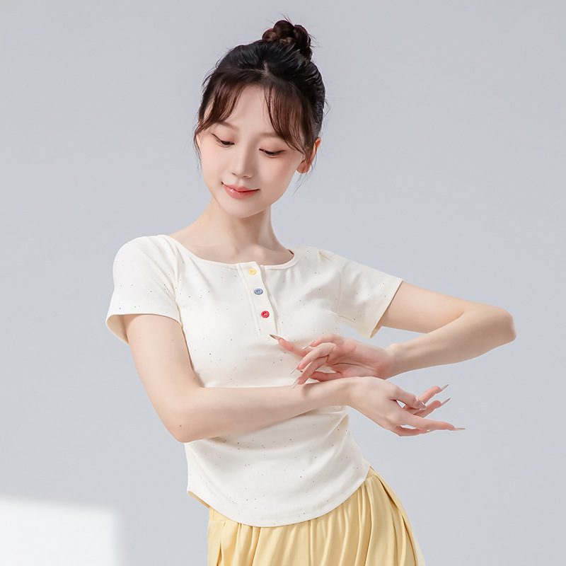 Πλεκτό τοπ χορού με κουμπιά – κοντό μανίκι, 90% βαμβάκι, stipple πλεκτό ύφασμα, για πιλάτες και χορό, ενήλικες γυναίκες, λατινικός και φολκ χορός