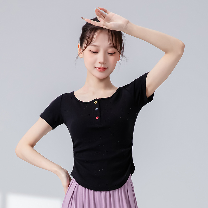 Πλεκτό τοπ χορού με κουμπιά – κοντό μανίκι, 90% βαμβάκι, stipple πλεκτό ύφασμα, για πιλάτες και χορό, ενήλικες γυναίκες, λατινικός και φολκ χορός