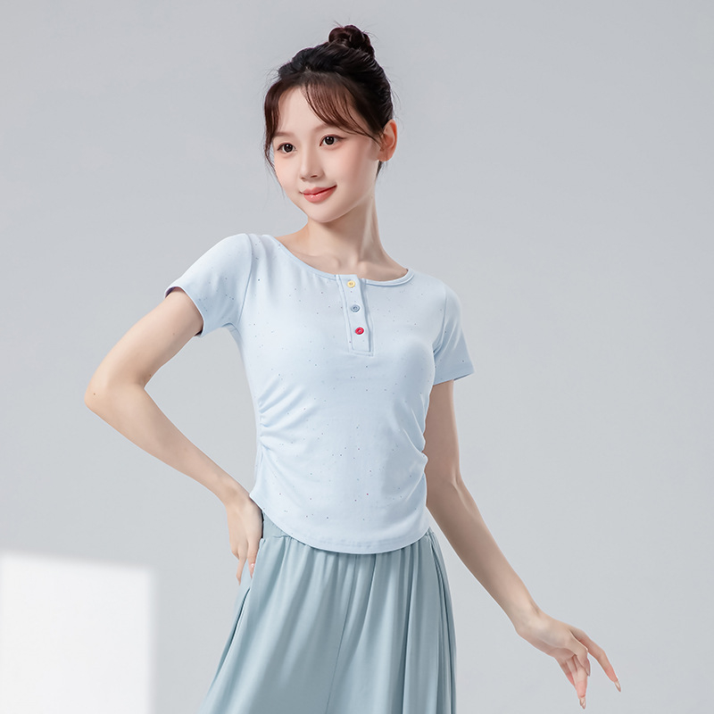 Πλεκτό τοπ χορού με κουμπιά – κοντό μανίκι, 90% βαμβάκι, stipple πλεκτό ύφασμα, για πιλάτες και χορό, ενήλικες γυναίκες, λατινικός και φολκ χορός