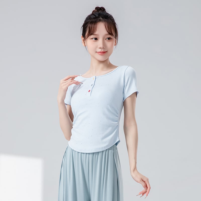 Πλεκτό τοπ χορού με κουμπιά – κοντό μανίκι, 90% βαμβάκι, stipple πλεκτό ύφασμα, για πιλάτες και χορό, ενήλικες γυναίκες, λατινικός και φολκ χορός