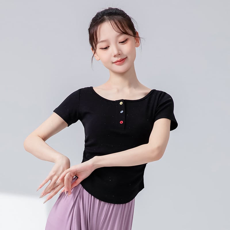 Πλεκτό τοπ χορού με κουμπιά – κοντό μανίκι, 90% βαμβάκι, stipple πλεκτό ύφασμα, για πιλάτες και χορό, ενήλικες γυναίκες, λατινικός και φολκ χορός