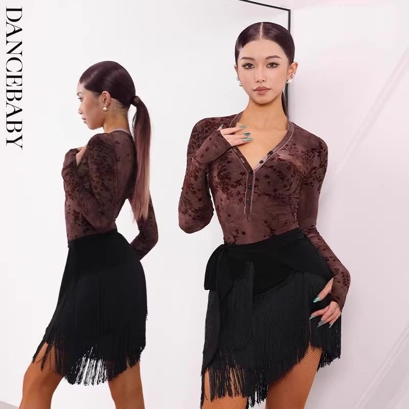 Ženski latinski plesni top s dugim rukavima, poliester tkanina (96–100% poliester) s podstavom poliester, plesna odjeća