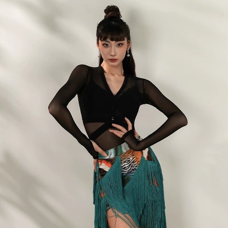 Ženski latinski plesni top s dugim rukavima, poliester tkanina (96–100% poliester) s podstavom poliester, plesna odjeća