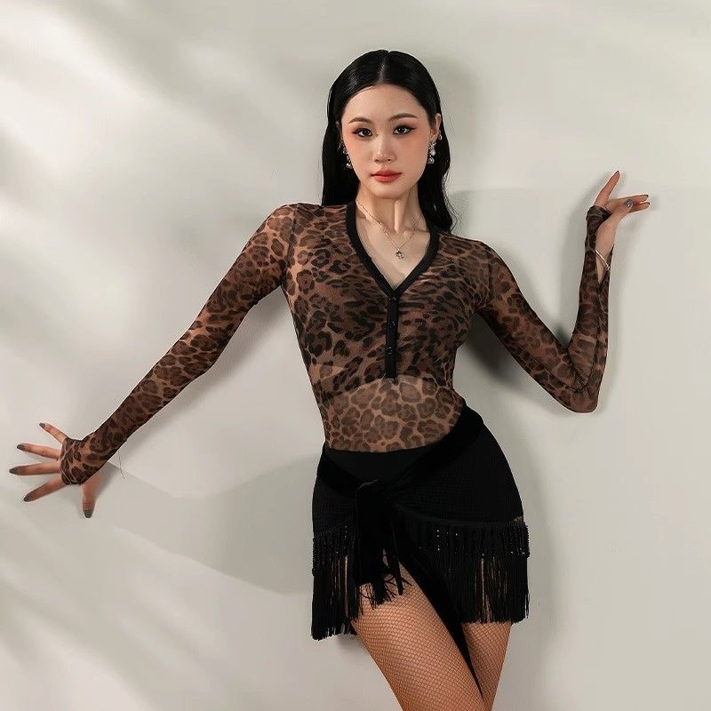 Ženski latinski plesni top s dugim rukavima, poliester tkanina (96–100% poliester) s podstavom poliester, plesna odjeća